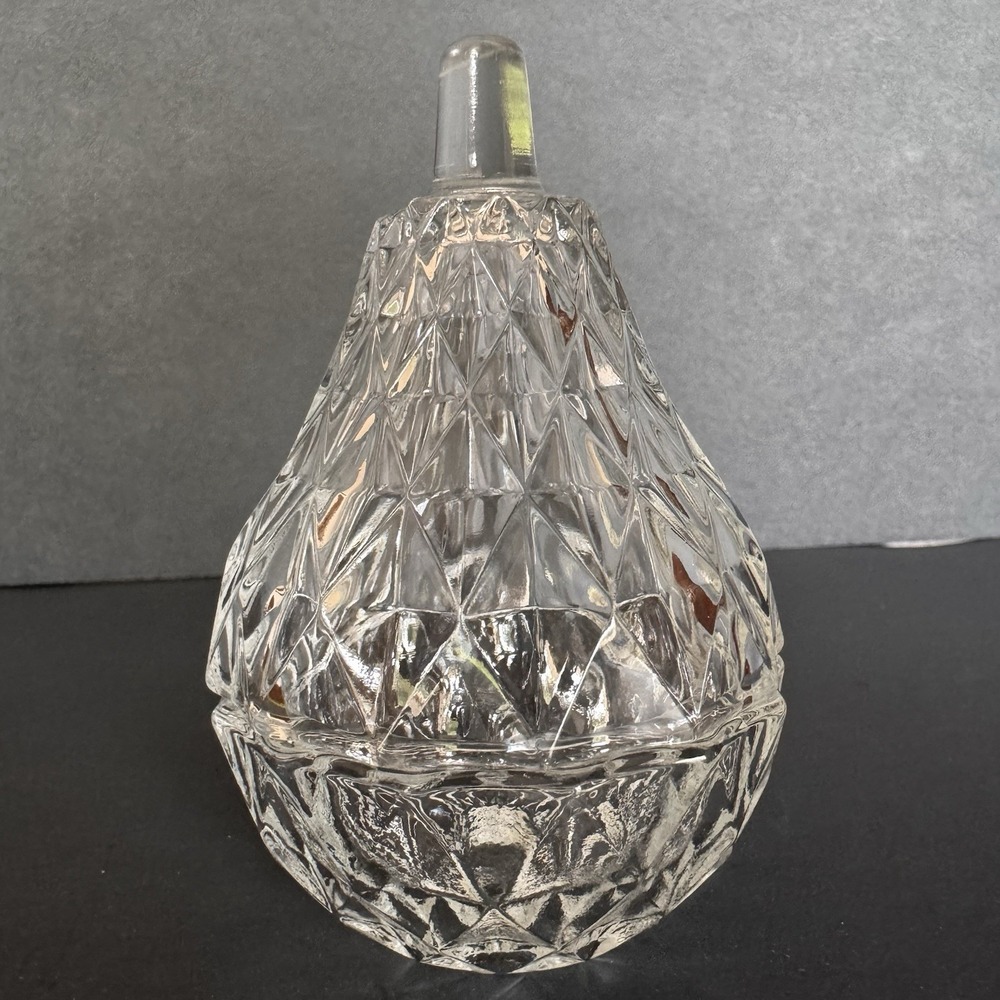 Vintage Crystal Pear Trinket Jewelry Dish Small Glass Container With Lid 4 1/4"